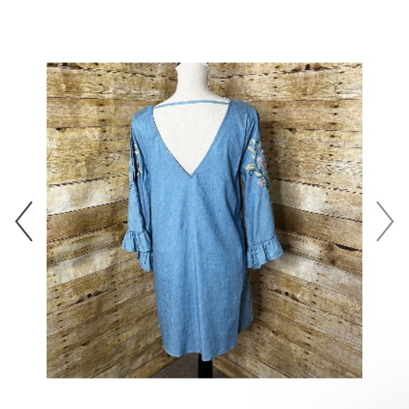 Flying Tomato Plus Size 1X Embroidered Boho Chambray Dress Lace Up Tassel - Picture 4 of 7